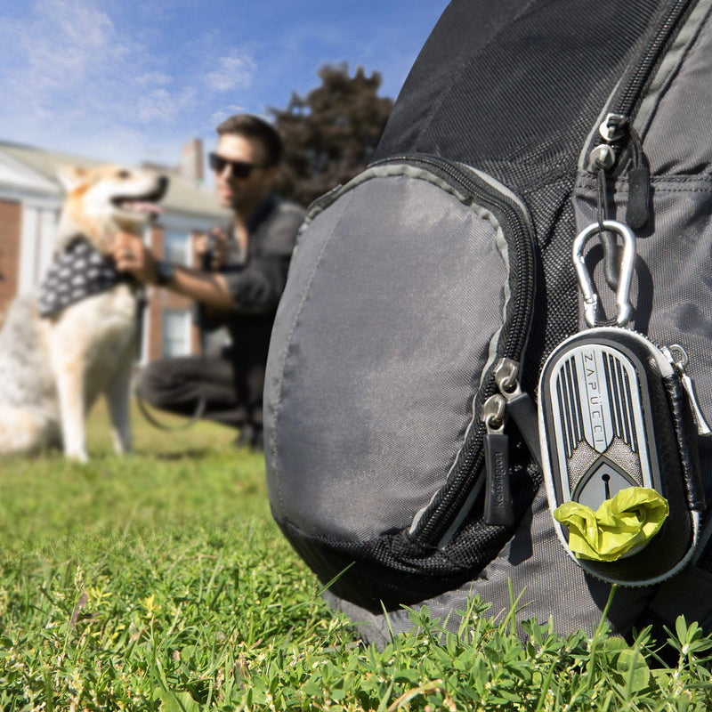 [Australia] - Zapücci - Premium Velcro or Clip-on Leash Dispenser for Dog Waste Bags with Stainless Steel Accents and Reflective Safety Zipper Black Fido 