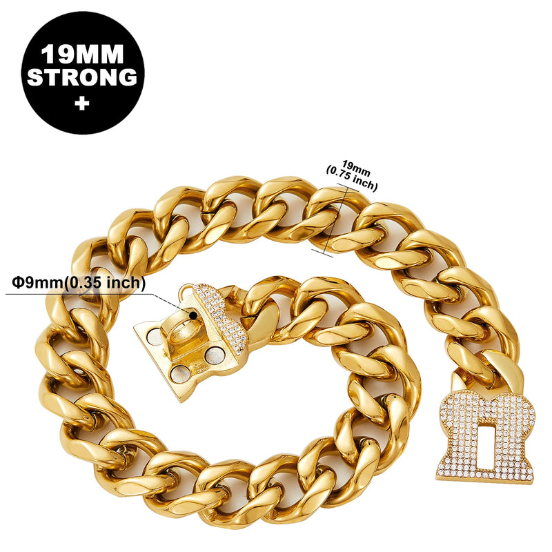 ToBeTrendy Dog Chain Collar Metal Chain with Bling Bling Design Secure, 18K Gold Cuban Link Chain 19MM Strong Heavy Duty Chew Proof Walking Collar for Small Medium Large Dogs(Flower Buckle, 12") Flower Buckle 12"(For Dog Neck 9.5-11.5") - PawsPlanet Australia