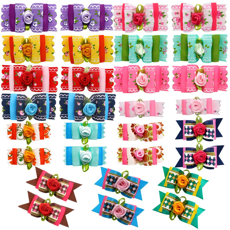 HOLLIHI 30 pcs/15 Pairs Adorable Grosgrain Ribbon Pet Dog Hair Bows with Elastic Rubber Bands - Doggy Kitty Bowknots Topknot Grooming Accessories Set for Long Hair Puppy Cat - PawsPlanet Australia