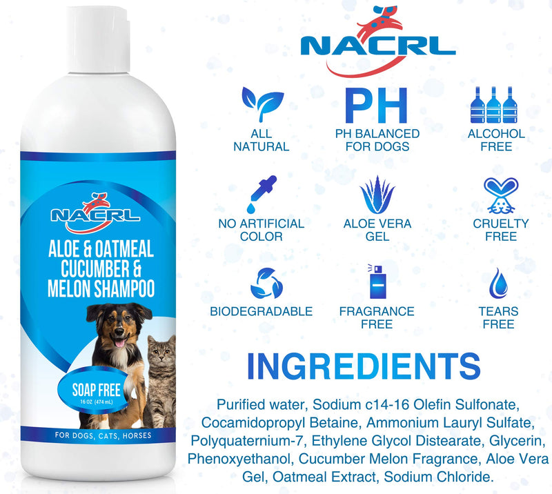 NACRL Oatmeal Soap Free Shampoo for Dogs with Soothing Aloe Vera & Cucumber Essence & Ripe Melon Extract, Suitable for All Pets, Hypoallergenic, Formula Provides Relief from Dry, Itchy Skin, 16 Oz - PawsPlanet Australia