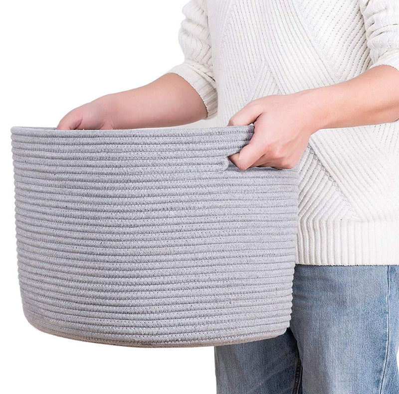 Brabtod Cotton round dog toy basket with handles, puppy toy basket, pet bed, puppy bins - Perfect for organizing pet toys, blankets, dog chew toy, leashes, diapers - Gray - PawsPlanet Australia
