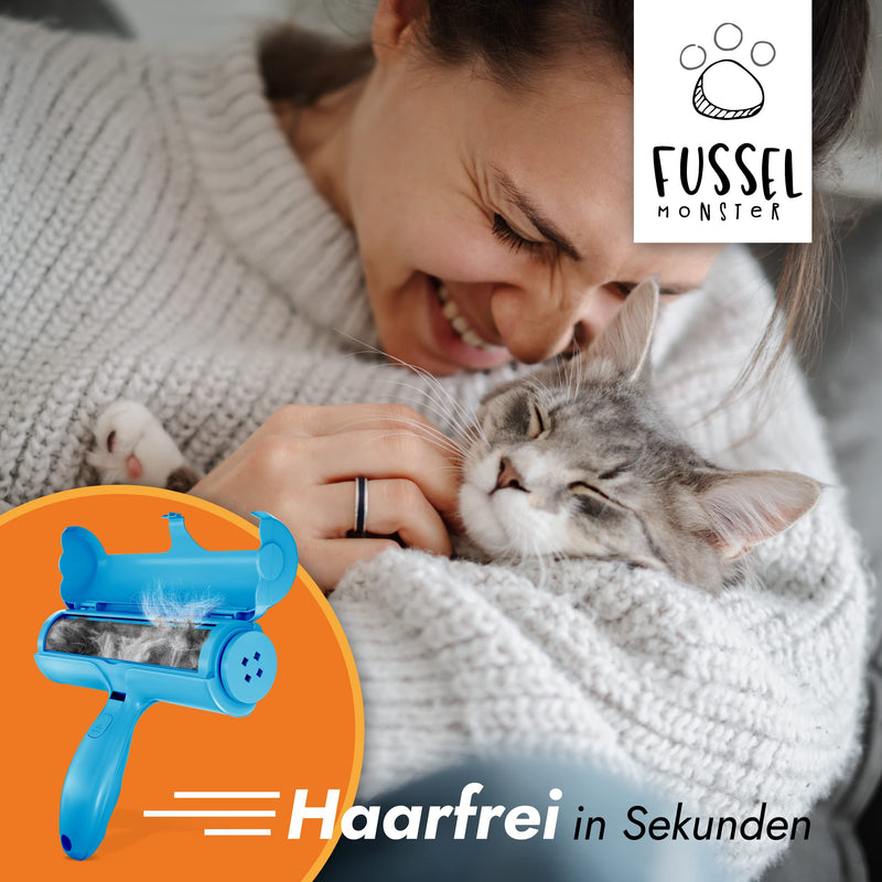 FusselMonster® [Pet hair remover] Lint roller for dogs and cats developed for effective cleaning of sofas, carpets, cars I reusable cat hair remover I lint roller animal hair blue - PawsPlanet Australia