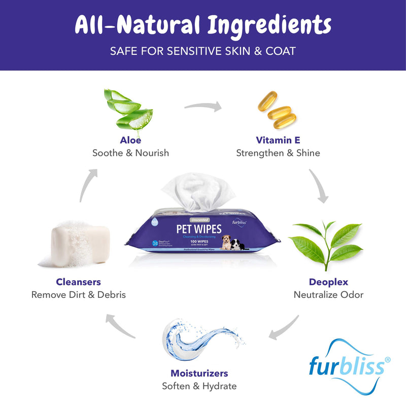 [Australia] - Furbliss Hygienic Pet Wipes for Dogs & Cats, Cleansing Grooming & Deodorizing Hypoallergenic Thick Wipes with All Natural Deoplex Deodorizer 100ct Pack Unscented 100ct Pouch 