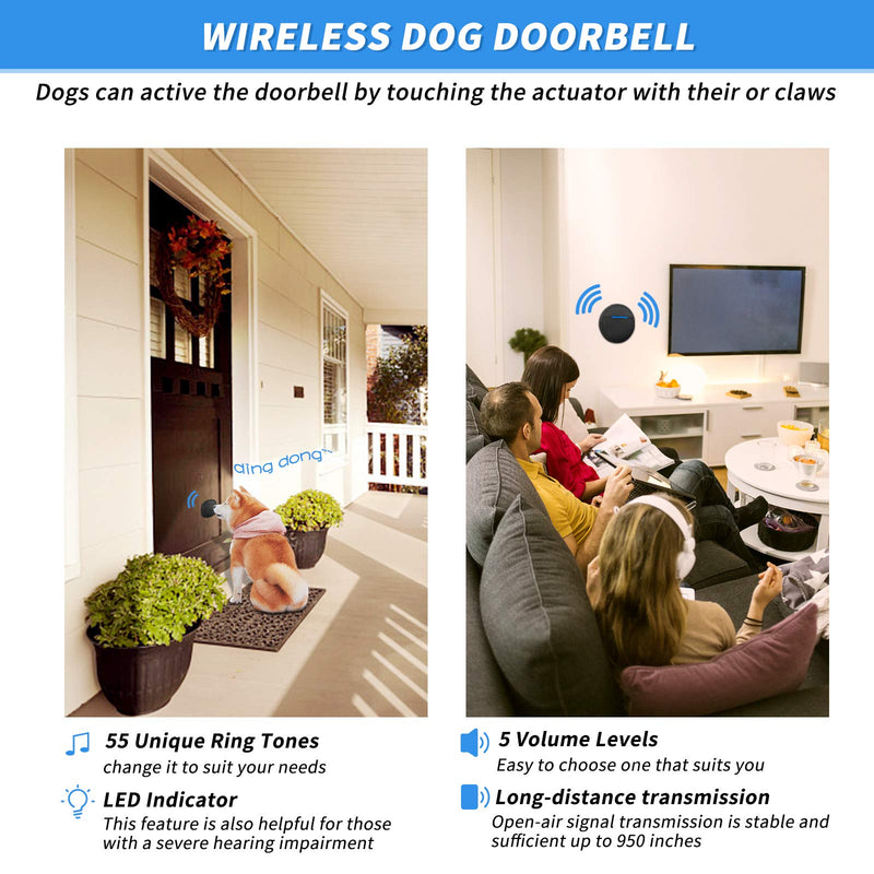 Hopeseily Wireless Doorbell, Dog Bells for Potty Training IP55 Waterproof Touch Doorbell with 55 Melodies 5 Volume Levels LED Flash Included Receiver and Transmitter Black-01 - PawsPlanet Australia