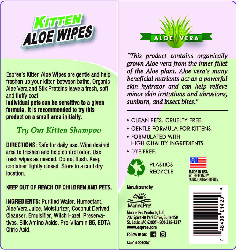 Espree Natural Aloe Vera Wipes for Kittens 50 Wipes Cleaning Wipes - PawsPlanet Australia