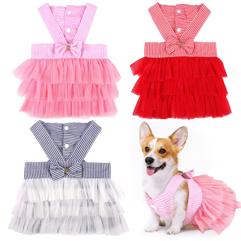 URATOT 3 Pieces Pet Skirt Pet Dog Dress Cloth Cute Doggie Bowknot Dresses Puppy Halter Bowknot Tutu Dresses Pet Striped Mesh Dress Princess Petit Vest for Small Pet Puppy Dogs and Cats (S) Pink, White, Red - PawsPlanet Australia