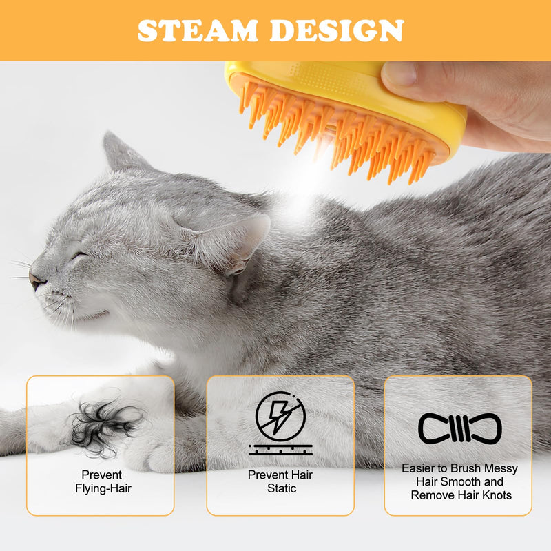 Cat Steam Brush, New 3 in1 Steamy Pet Hair Brush Cleanser Vapor for Dogs Cats, Cat Bath Brush with Steamer Water, Steaming Grooming Pet Brush Cleaner for Shedding, Pet Cat Spray Comb with Steam Yellow - PawsPlanet Australia