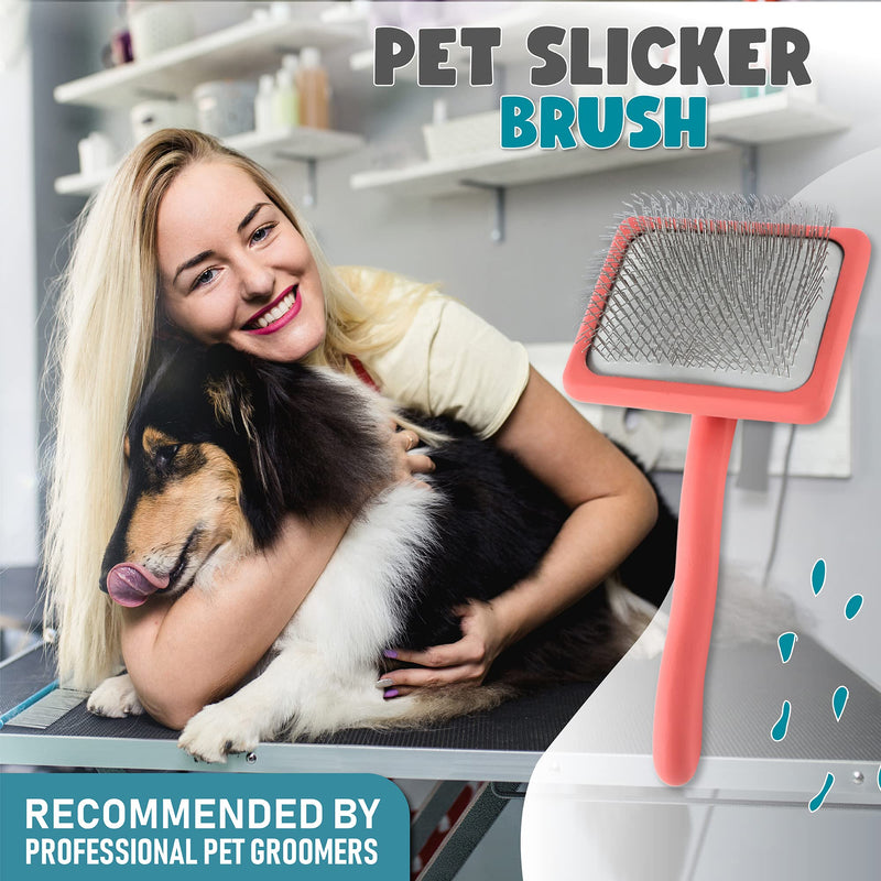 Pet Slicker Brush With Soft Massage Grooming Stainless Steel Pins - Slide This Universal Miracle Coat Slicker Brush for Dematting, Shedding Fur, and Undercoat - Professional Tool - Long Slicker Brush - Flying Pawfect - PawsPlanet Australia