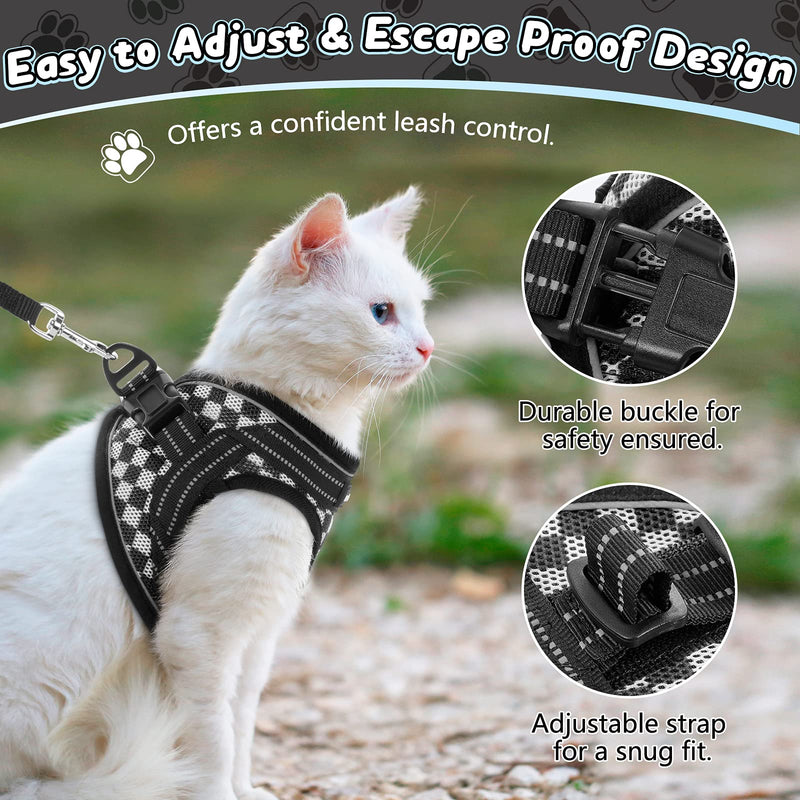 rabbitgoo Cat Harness and Leash, Escape Proof Cat Walking Harness, Adjustable Soft Mesh Kitty Vest Harness for Cats, Easy Control Breathable Outdoor Harness with Reflective Strip, Plaid Small Black Plaid - PawsPlanet Australia