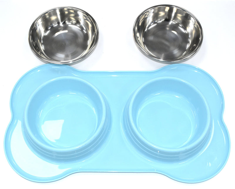 DOUBLE PET FEEDING STAINLESS STEEL BOWL WITH DOUBLE PLASTIC PET FEEDER DOG/CAT/ANY SMALL ANIMAL FOOD/WATER DISH (Blue) Blue - PawsPlanet Australia