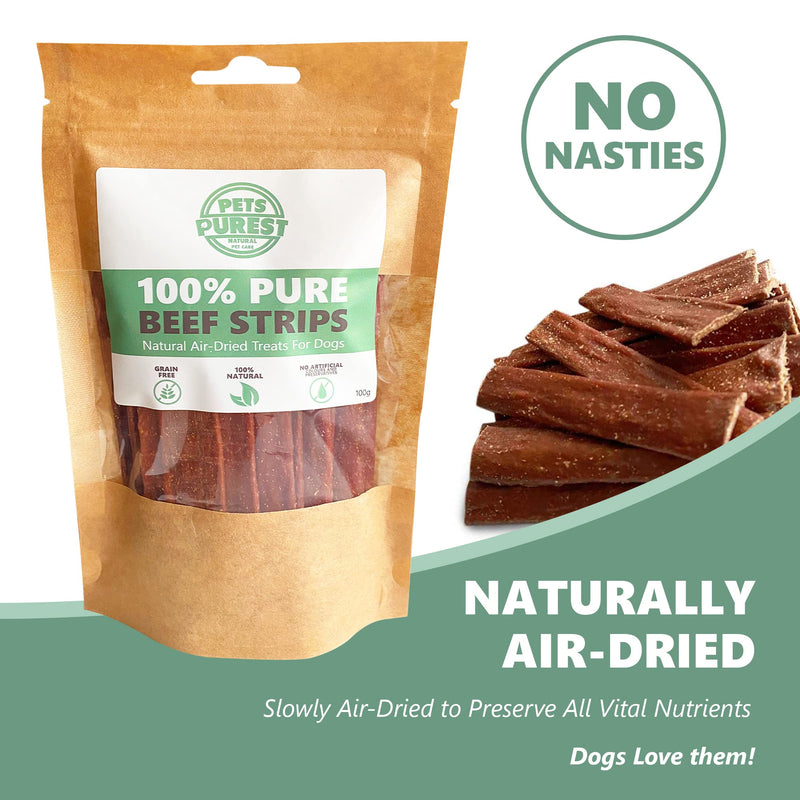 Pets Purest Dog Treats Beef Strips - 100% Natural Air-Dried Chews for Dogs, Puppy & Senior. Pure Healthy Hypoallergenic Grain, Gluten & Lactose Free Raw Pet Food Treat Sticks -100g - PawsPlanet Australia
