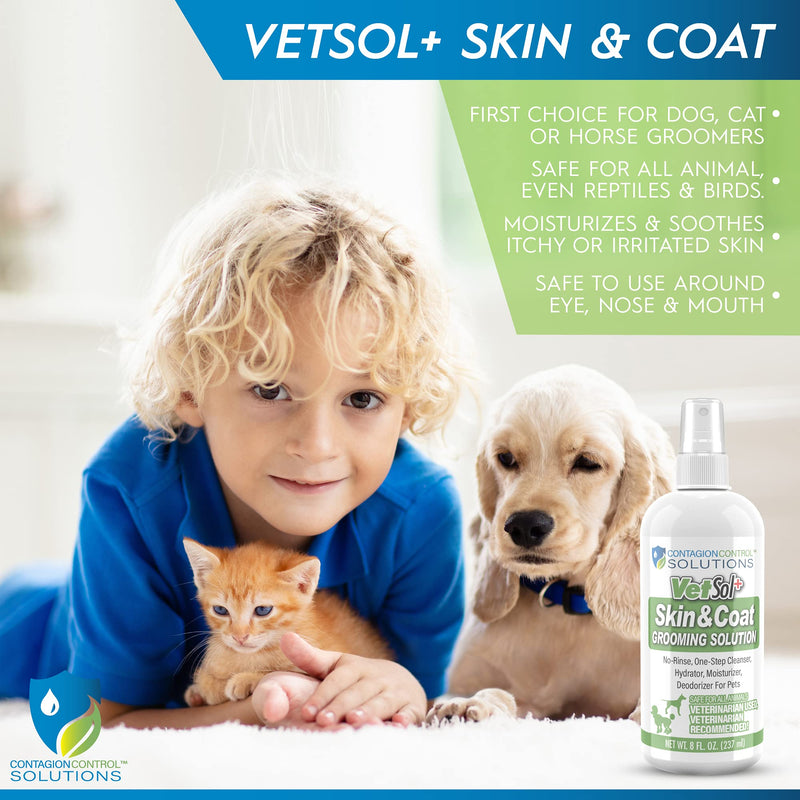 VetSol+ Skin & Coat Grooming Solution, No Rinse Spray, One-Step Cleanser, Hydrator, Moisturizer, Deodorizer for All Pets, 8 Ounce - PawsPlanet Australia