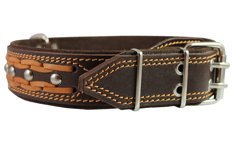 [Australia] - Genuine Leather Braided Studded Dog Collar, Brown 1.75" Wide. Fits 22"-27" Neck, XLarge. 