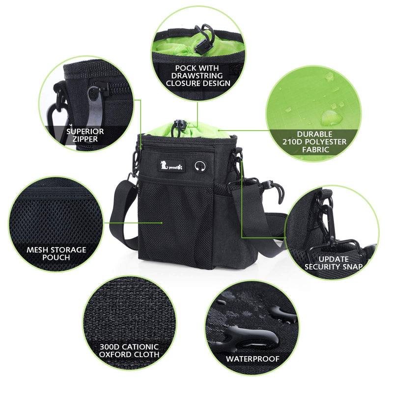Pecute Dog Treat Pouch, Hands-Free Dog Training Bag with Shoulder Strap Waist Belt Metal Clip and Foldable Bowl, Built-in Poop Bag Dispenser, 3 Ways to Wear Suitable for Training Walking Black + Green - PawsPlanet Australia