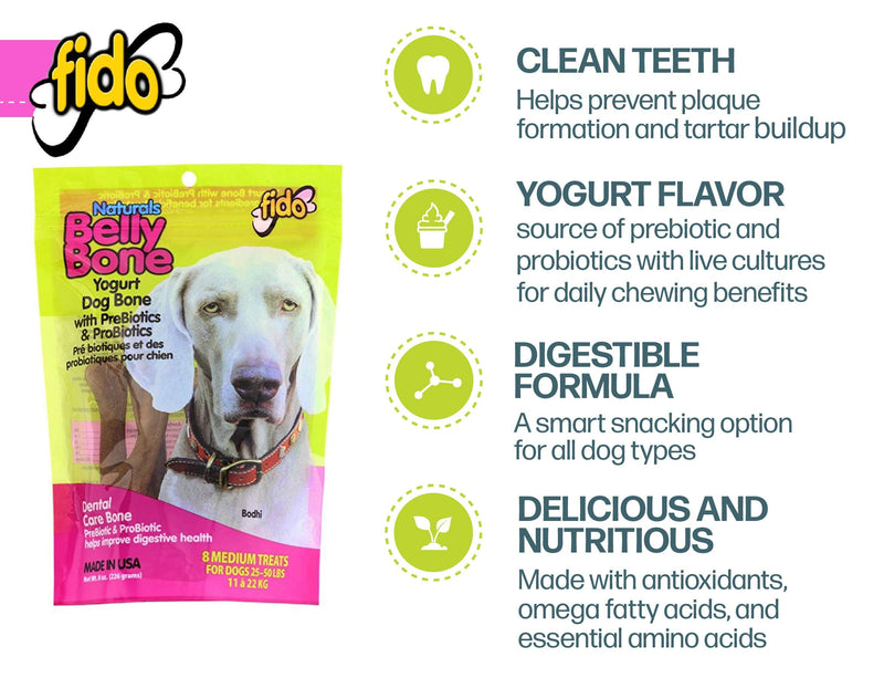 Fido Dental Care Belly Bones for Dogs, Yogurt Flavor - 8 Medium Treats - Safely Digestible Chew That Promotes Plaque and Tartar Control-Helps to Support Your Dog’s Digestive Health - PawsPlanet Australia