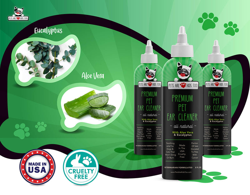 Cat & Dog Ear Cleaner Solution - Itch Relief for Dogs and Cats to Eliminate Head Shaking - Clear, No Mess Formula Vet Formulated Natural Pet Ear Treatment with Aloe Vera & Eucalyptus 8oz - 1 bottle - PawsPlanet Australia