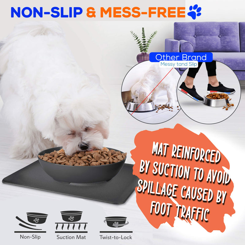 [Australia] - Non Skid Pet Bowl Set - No Flip Dog Bowl Dog Spill Proof Mat Set - Interlocking Non Skid Pet Puppy Cat Dog Bowl With Mat - Twisty Dish Food/Water Bowl for Mess Free Feeding - SereneLife SLTDG69 (Gray) Large Bowl 