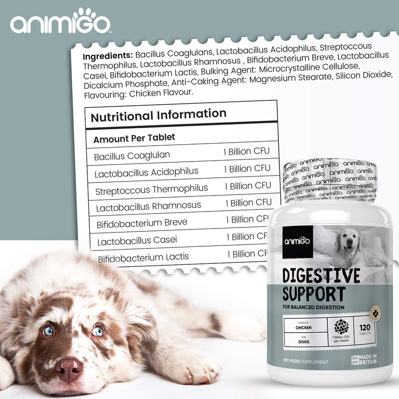 Animigo Probiotics For Dogs - 120 Chicken Flavour Probiotic Tablets - Digestive Enzyme Supplement - Natural Stomach Settler For Dogs - Dog Digestive Support - 7 Billion CFU Bacteria - Made In UK - PawsPlanet Australia