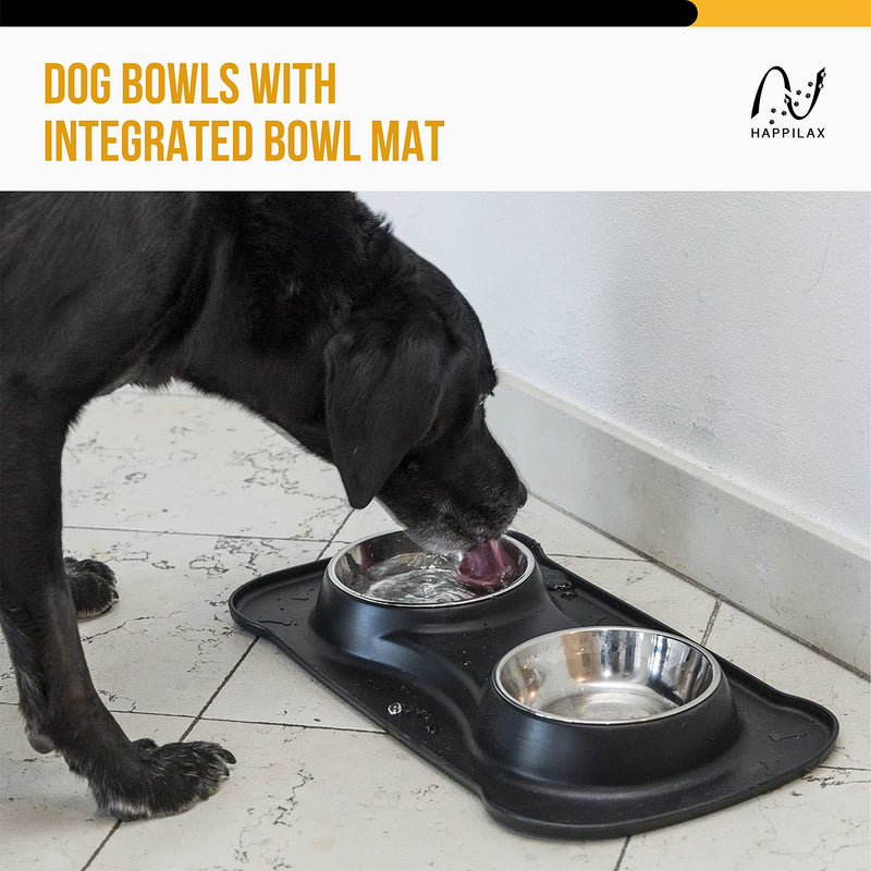 Happilax Double Dog Bowl for Small Dogs and Cats with Silicone Mat and 2 Stainless Steel Feeders S (2 x 200 ml) Black - PawsPlanet Australia