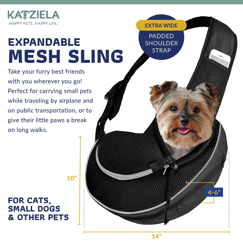 Katziela Pet Carrier Sling Bag - Small Dog, Puppy and Cat Carrier Front Shoulder Backpack w/Harness Strap - Carrying Pouch for ESA, Airline Approved Animal Travel - PU Leather Bottom, Mesh Pocket Black - PawsPlanet Australia