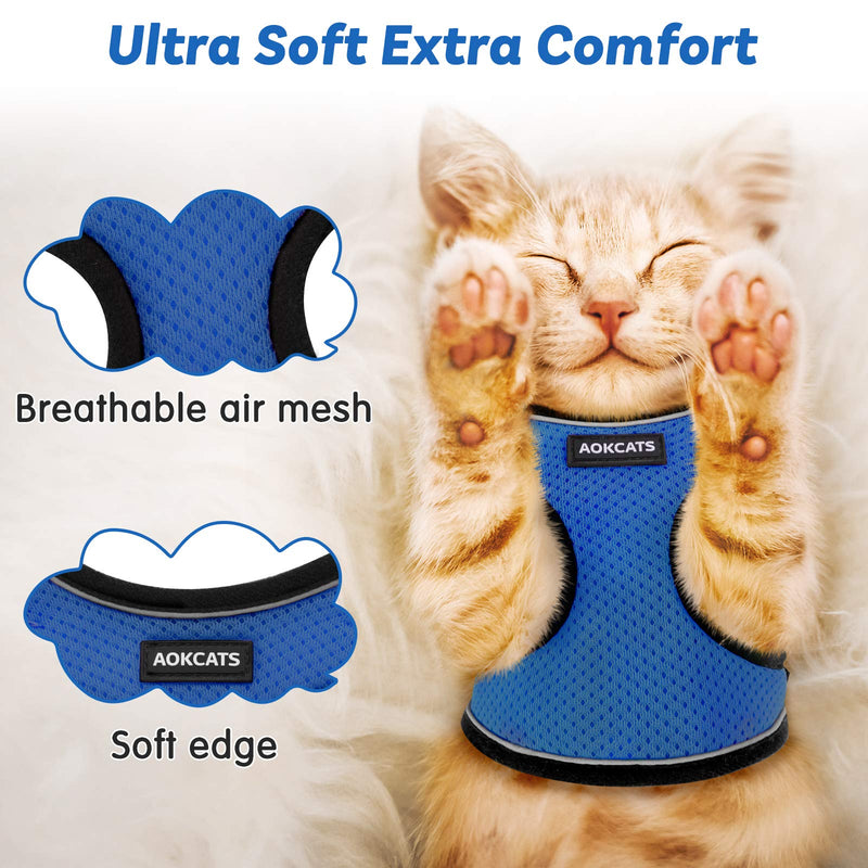 AOKCATS Cat Harness and Leash, Soft Kitten Harness for Walking, Adjustable Cat Leash and Harness Set Escape Proof with Reflective Strip & Hook and Loop Cat Vest Harness and Leash for Cats Small (Pack of 1) Blue - PawsPlanet Australia