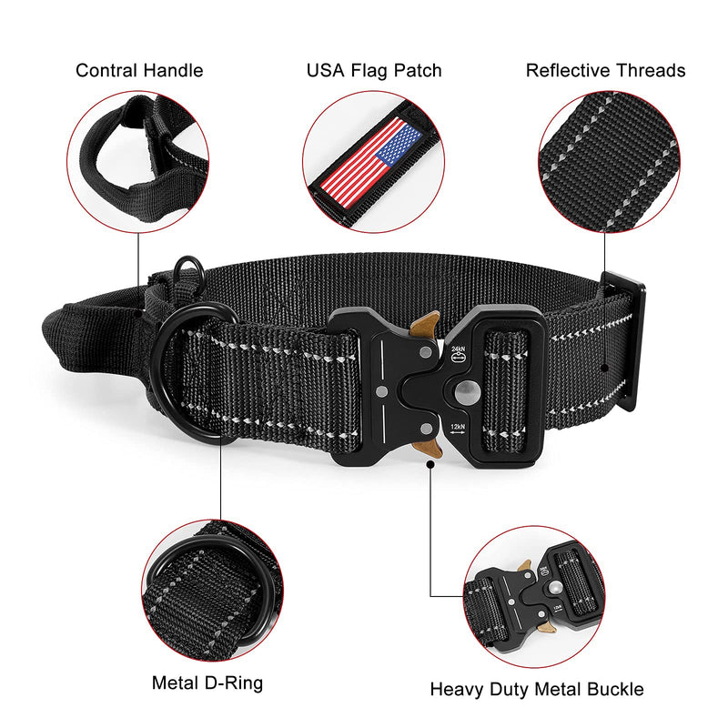 WHIPPY Wide Military Dog Collar with Control Handle Adjustable Quickly Release Metal Buckle Nylon K9 Dog Collar Heavy Duty Training Reflective Collar with USA Flag for Medium Large Dog Pet M-(18"-21") A-black - PawsPlanet Australia