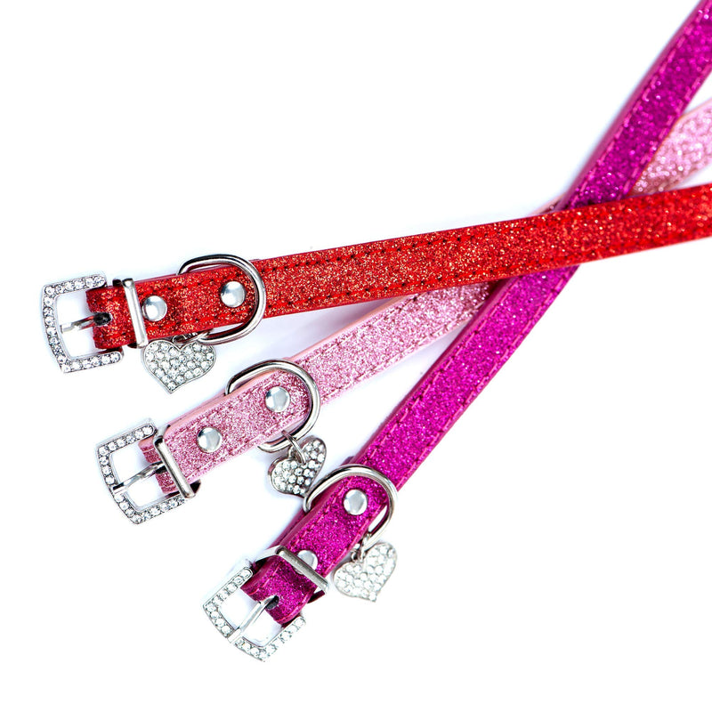 [Australia] - Bagoo Pets Stylish and Fashionable Rhinestone Shining Diamond Heart Pendant Leather and Glitter Collar for Dogs and Cats Hot Pink 