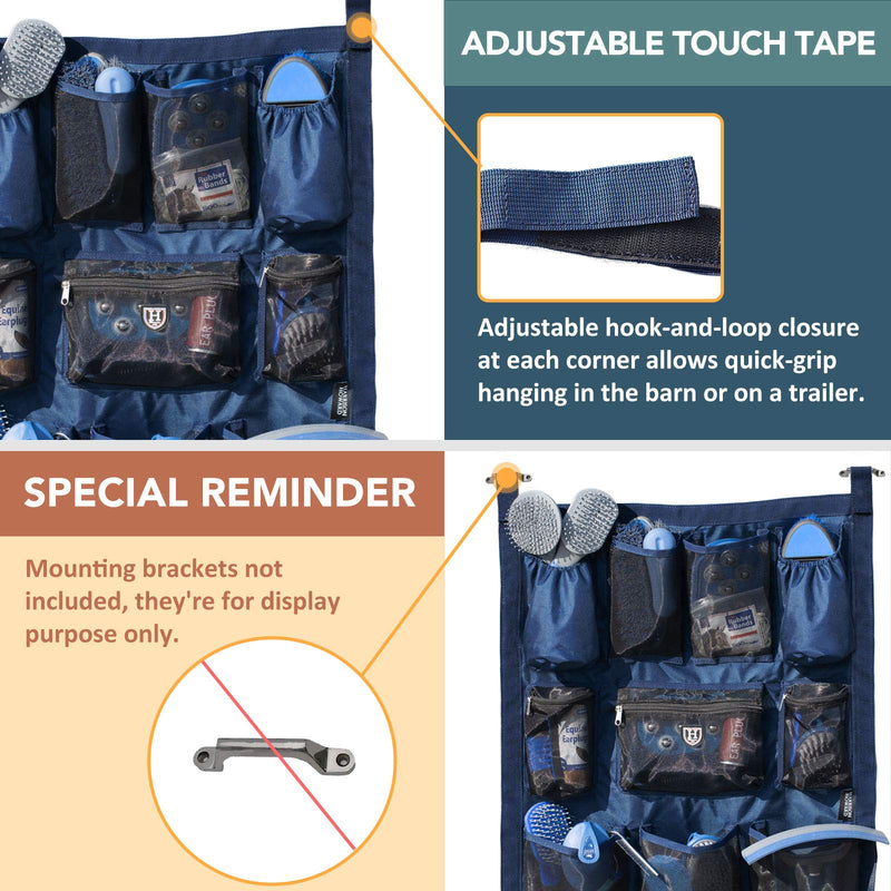 Harrison Howard Equine Long Trailer Door Caddy 1680D Durable Fabric with 14 Pockets Horse Trailer Door Caddy Grooming Bag Stall Organizer 40”L x 22”W Deep Navy - PawsPlanet Australia