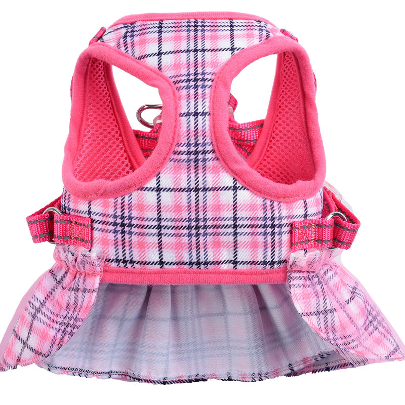 Dog Harness Dress with Leash Set Plaid Puppy Harnesses for Small Medium Large Dogs No Pull Adjustable Pet Vest Pink Soft Breathable Doggy Outing Accessories (Pink(Leash), X-Small (Chest: 9-13")) X-Small (Chest: 9-13") Pink(Leash) - PawsPlanet Australia