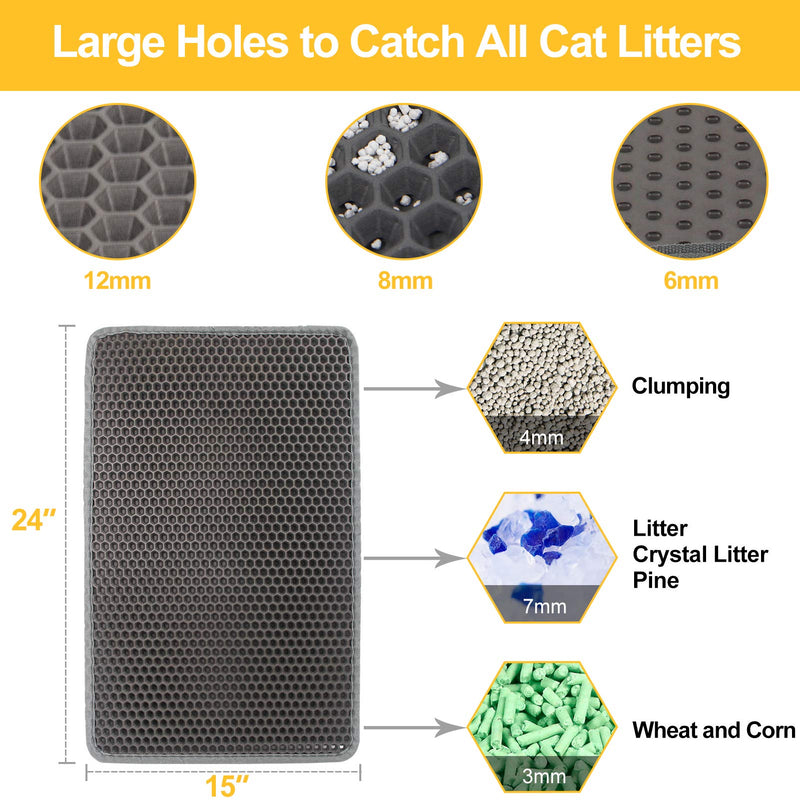 LeToo Cat Litter Mat Grey Trapping for Litter Box, No-Toxic 24 x 15 in Large, Urine & Waterproof, Honeycomb Double Layer Anti Tracking Kitty Mats, No Phthalate, Washable Easy Clean, Scatter Control - PawsPlanet Australia