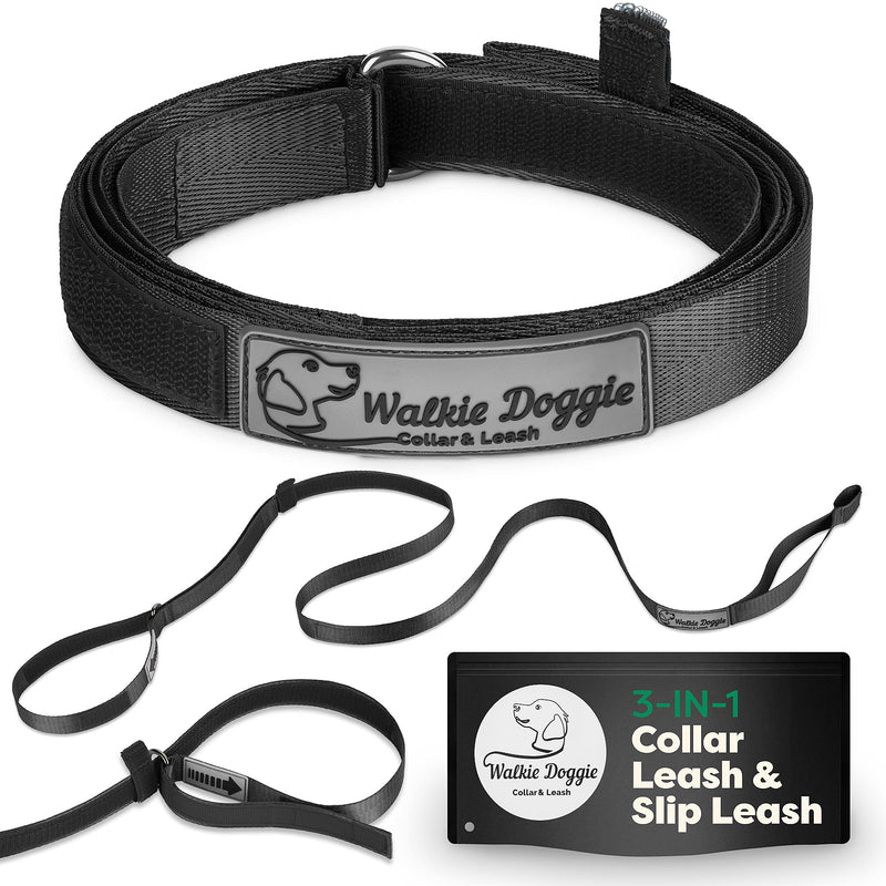 Walkie Doggie Dog Collar with Leash – Multifunctional Collar and Leash for Dogs – Pet Collar with 3-in-1 Regular and Slip Dog Leash – Heavy-Duty Pet Leash for Medium and Large Dogs Black - PawsPlanet Australia
