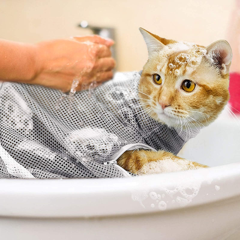 DEHUA Cat Bath Bag, Adjustable Multifunctional Mesh Cat Grooming Bag, Anti-bite and Anti-Scratch Pet Restraint Belt, Can Be Used for Bathing/Nail Trimming/Ear Washing/Medicine Feeding (Gray) - PawsPlanet Australia