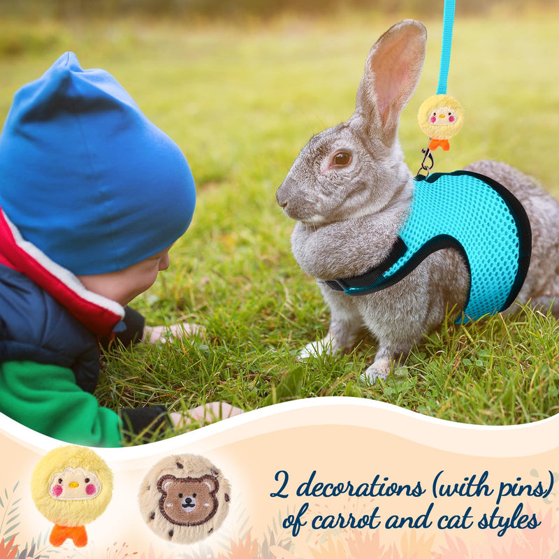 Bunnycool Rabbit Harness and Leash Set with 2 Cute Decorations Soft Adjustable Buckle Breathable Mesh Vest Harness for Rabbits Ferret Small Pig Puppy Walking Supplies(Light Blue, Lively Pattern) Light Blue - PawsPlanet Australia