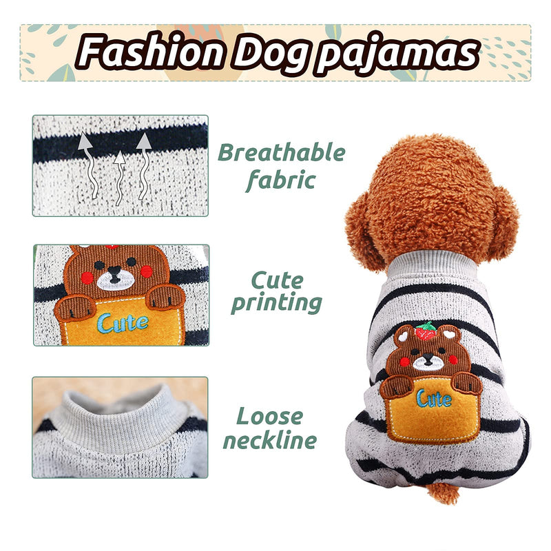 TENGZHI Soft Dog Jumpsuit Pajamas Pet Stripe Apparel with Bear Printing Puppy Onesies Cats Clothes for Small and Medium Dogs Girl Boy grey X-Small - PawsPlanet Australia