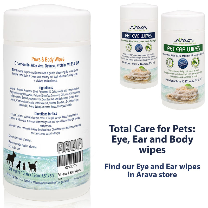 [Australia] - Arava Natural Dog & Cat Grooming Wipes - Pet Cleansing Wipes for Dogs Cats Puppies Kittens - for Paws & Body - Remove Dirt Dust & Odors - Gentle Cleansing & Deodorizing Formula - 50 Count (7.5" x 5") 