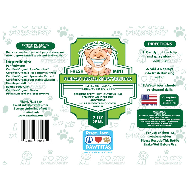 Pawtitas Dog Dental Spray Peppermint Spearmint Fresh Breath Water additive Help Prevent Tartar and Bad Breath | Manufactured with Certified Organic Ingredients 2 oz Bottle - PawsPlanet Australia
