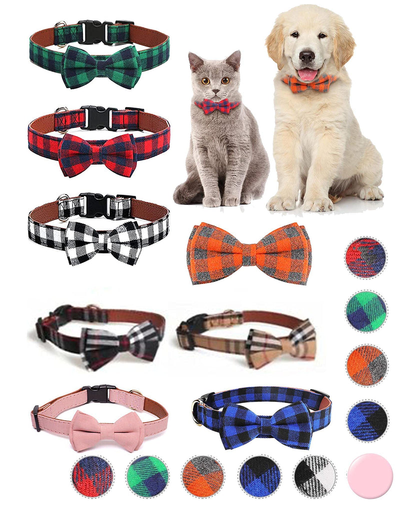 Leather Designer Puppy Dog Cat Bow Tie Collar Quick Release Checked Tartan Plain Small Medium Large (Small, Orange Check) - PawsPlanet Australia