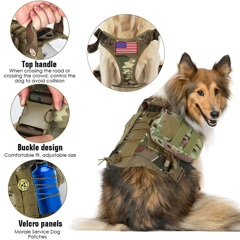 Pruk Tactical Dog Harness Set, K9 Dog Harness Military Dog Vest Collar Leash with Molle Pouch and Patch, No Pull Tactical Dog Vest for Large Dog, Service Dog Harness for Training Hiking(Camo, M) Camo M(Neck: 19"-29", Bust: 19"-27") - PawsPlanet Australia