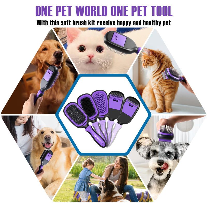 WOPQAEM 5 in 1 Pet Grooming Kit for Long Short Haired Dogs & Cats. Dog Brush Set for Small & Large Breeds. Gentle Detangling, Smoothing, Relaxation, Tangle Removal & Shedding Control. Purple - PawsPlanet Australia