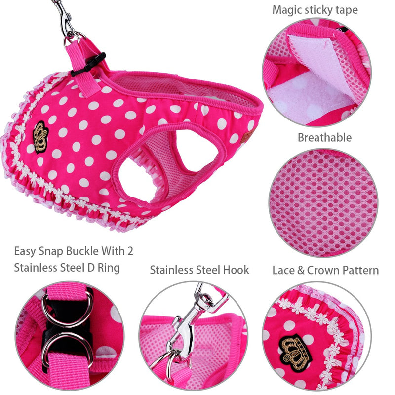 [Australia] - wowowo Small Dog Leash and Harness Set Stylish Lace Polka Dot Pink Puppy Cats Vest Harness Medium 