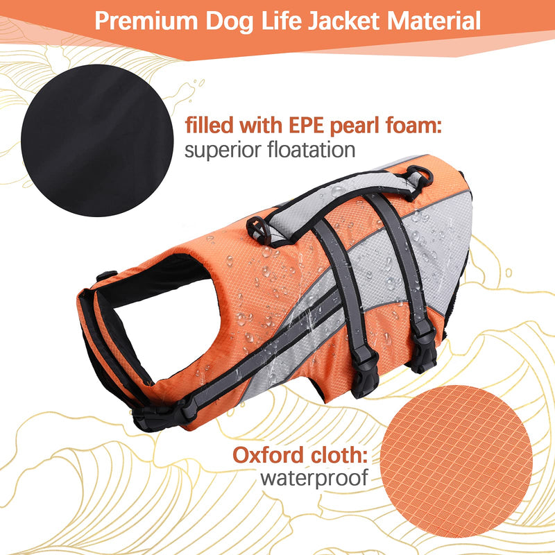 Kuoser High Visibility Dog Life Jacket, Pet Lifesaver Vest Dog Swimsuit for Small Medium Large Dogs, Adjustable Dog Floatation Coat Safety Preserver with Reflective Strips & Rescue Handle X-Small Orange - PawsPlanet Australia