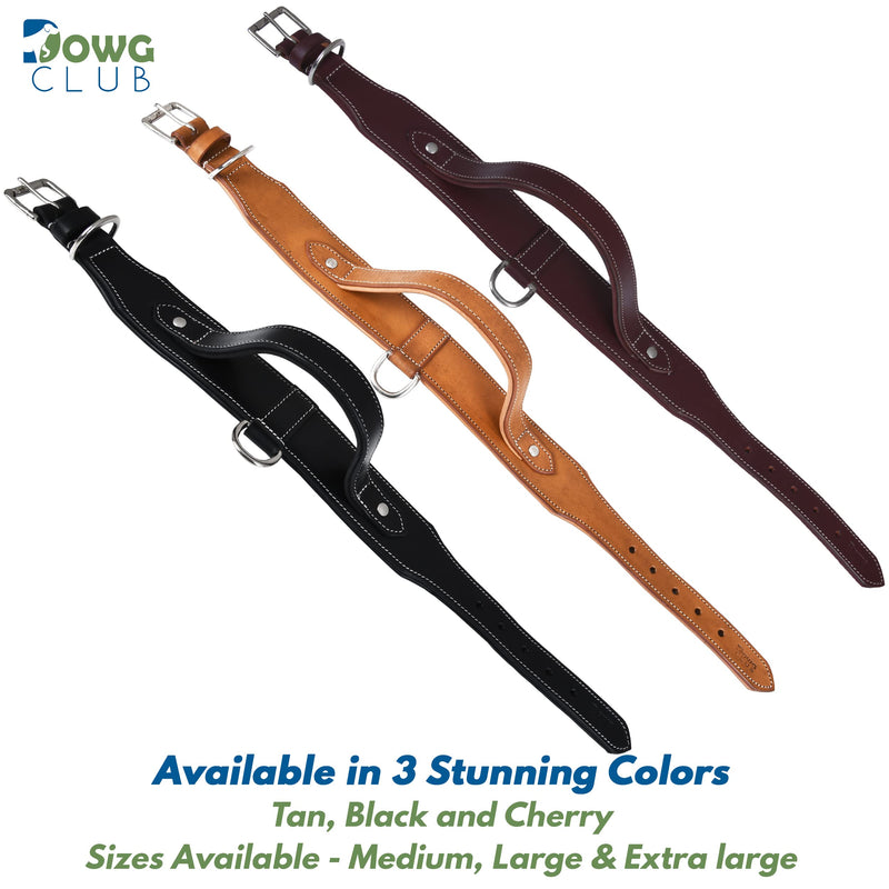 DowgClub | Genuine Leather Heavy Duty Tactical Dog Collar with Handle | Saddle Grade, Full Grain, Heavy Duty | Comfortable, Padded, Strong | Best for Medium, Large & X-Large Breeds M (Fit Neck Size 14.5"-18.5") Black - PawsPlanet Australia