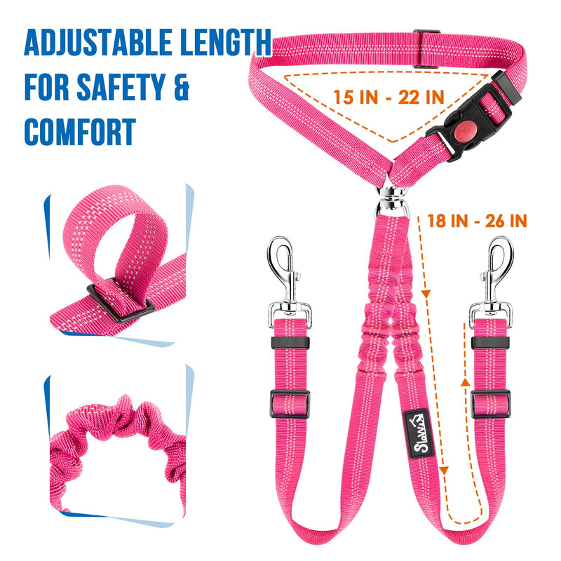 SlowTon Double Seat Belt Dog Car, 2 in 1 Tangle-Free Durable Elastic Dog Seat Belt, Dog Belt with Rotating Stainless Steel Carabiner for 2 Dogs in Vehicle Travel M Fluorescent Pink - PawsPlanet Australia