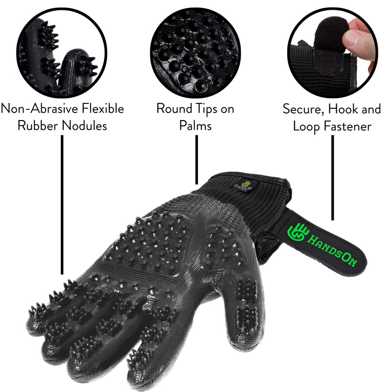 [Australia] - HandsOn Pet Grooming Gloves - Patented #1 Ranked, Award Winning Shedding, Bathing, & Hair Remover Gloves - Gentle Brush for Cats, Dogs, and Horses Black Large 