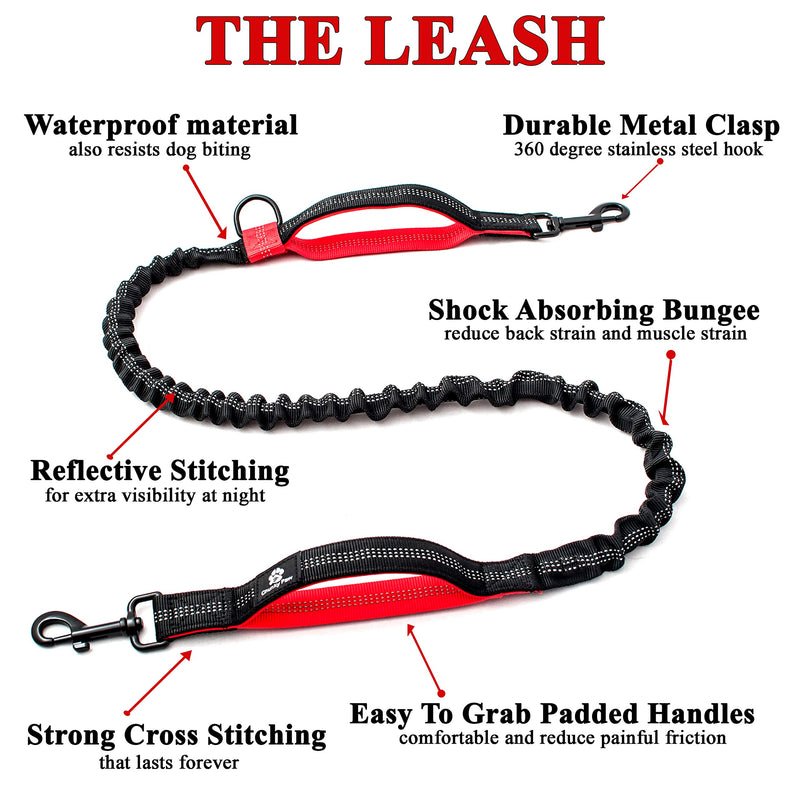 [Australia] - CHUNKY PAW Hands Free Dog Leash for Running, Walking, Hiking, Jogging,Training for Medium and Large Dogs up to 150 lbs, Durable Dual Handle Waist Leash with Reflective Bungee and Adjustable Waist Belt Black with Red 