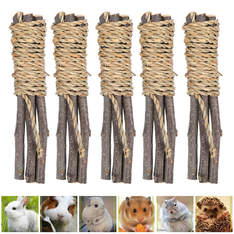 ViaGasaFamido 5PCS Pet Chewing Sticks, Pet Wooden Sticks Grass Rope Toy Applewood Biting Teeth Cleaner Grinding Toy for Parrot Rabbit Hamster Small Animals - PawsPlanet Australia