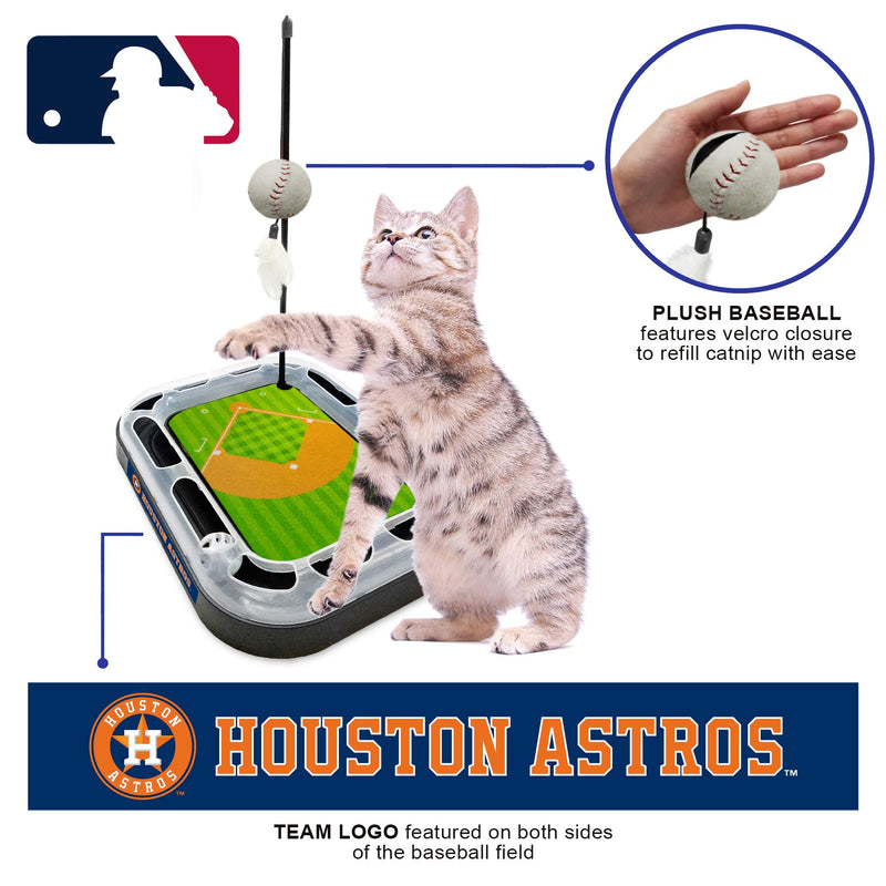 Pets First Cat Scratching Toy MLB Houston Astros Baseball Field Cat Scratcher Toy with Interactive Cat Ball Bell in Tracks. 5-in-1 CAT Toy: Cat Wand Poll with Catnip Filled Plush Baseball & Feathers. 14 x 11" - PawsPlanet Australia