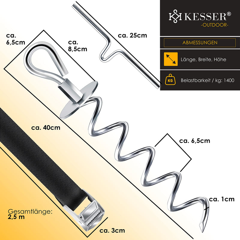 KESSER® 4 ground anchors 9-piece set attachment for trampoline, swing, pavilion, party tent, garden house, swing, tent, made of 1cm diameter stainless steel For screwing in, 4 straps + silver turning aid - PawsPlanet Australia
