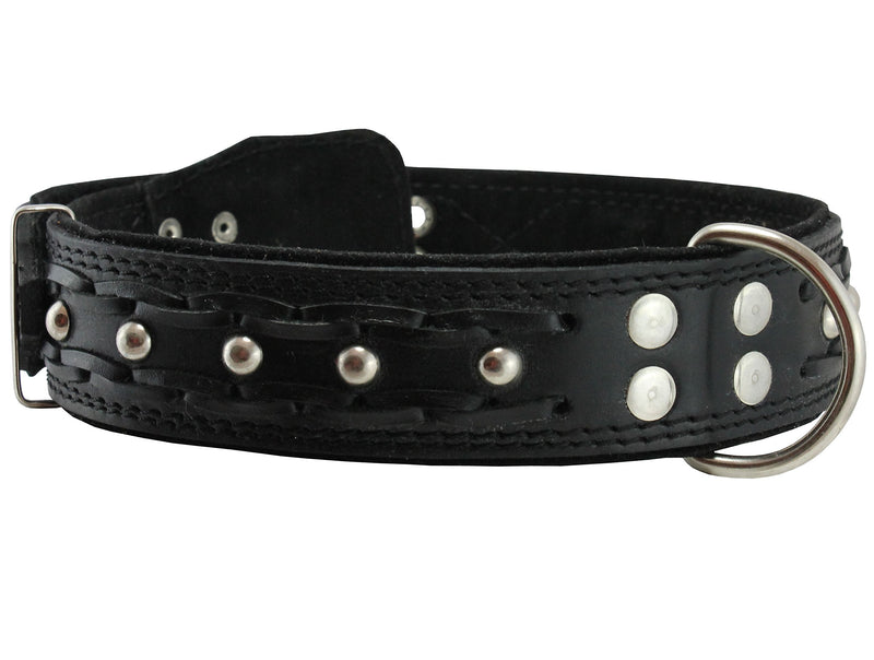 [Australia] - Genuine Leather Braided Studded Dog Collar, Black 1.75" Wide. Fits 22"-27" Neck, XLarge. 