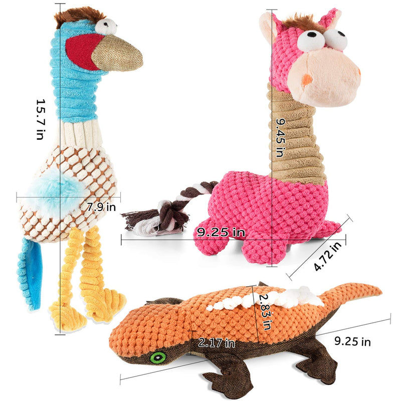 VIEWLON Dog Squeaky Toys, 3 Pack Dog Plush Toys Set, Durable Chew Toys for Teeth Cleaning Interactive Training Toys for Puppy Small Medium Dogs - Giraffe Bird and Lizard - PawsPlanet Australia